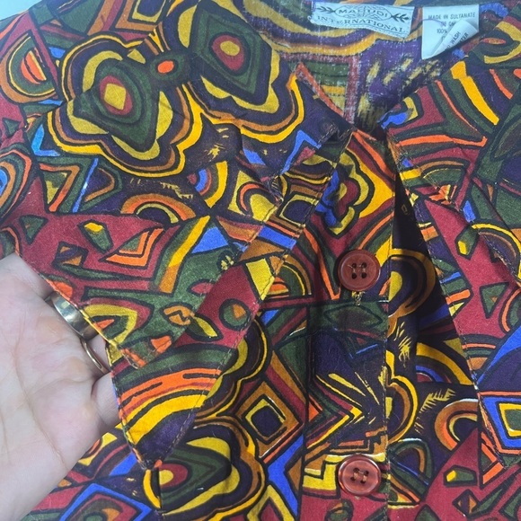 Vintage Mahudi International Abstract Artsy Double Collar Button Front Blouse M - Picture 3 of 7